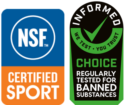 NSF Certified Sport logo and Informed we test, you trust, Choice regularly tested for Banned substances logo
