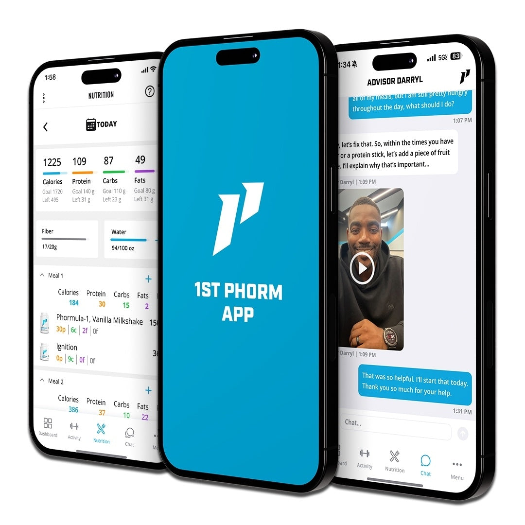 Three smartphone screens showing the 1st Phorm app with nutrition tracking and chat features.