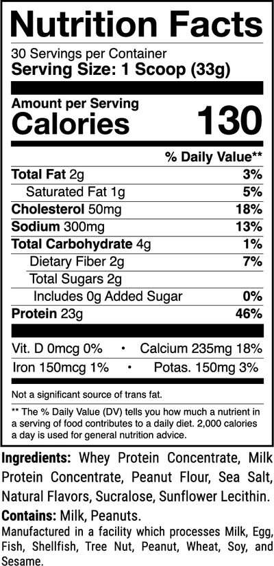 Level-1 Salted Peanut Butter nutrition facts panel (1 of 2)