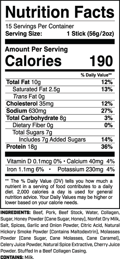 Protein Sticks (15ct) Barbecue Seasoned nutrition facts panel