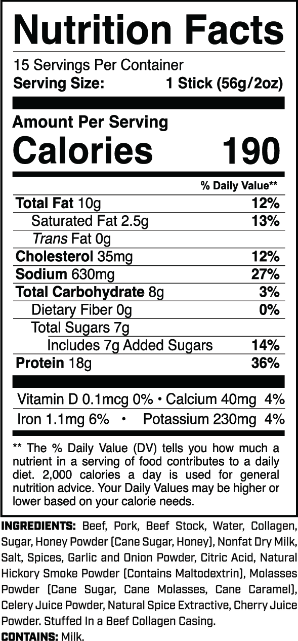 Protein Sticks (15ct) Barbecue Seasoned nutrition facts panel