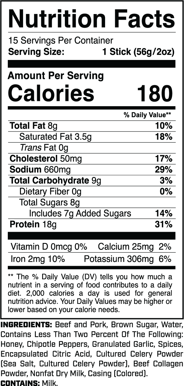 Protein Sticks (15ct) Honey Chipotle nutrition facts panel