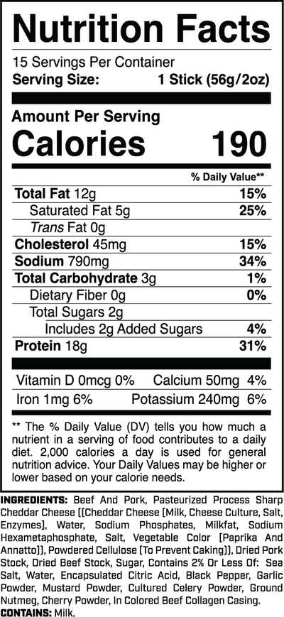Protein Sticks (15ct) Sharp Cheddar nutrition facts panel
