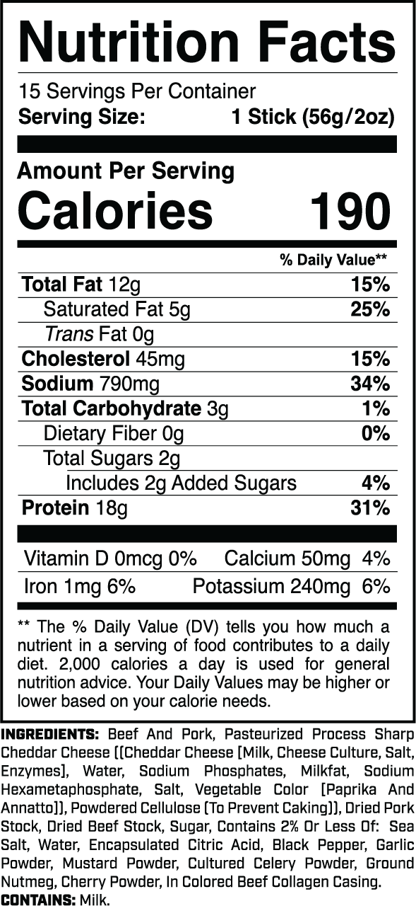 Protein Sticks (15ct) Sharp Cheddar nutrition facts panel