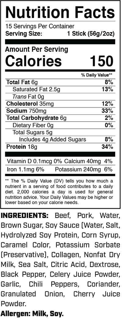 Protein Sticks (15ct) Teriyaki Seasoned nutrition facts panel
