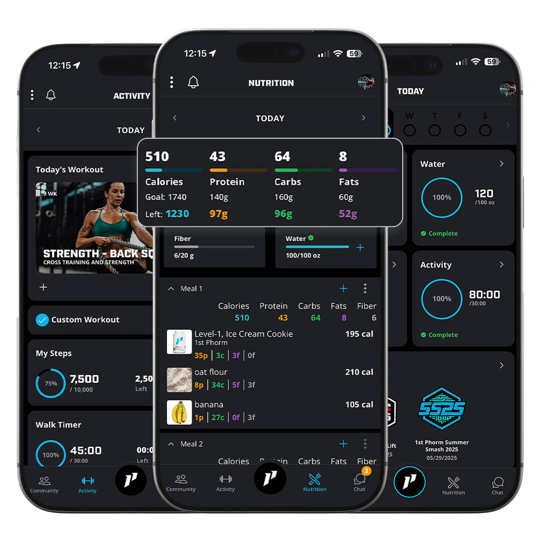 1st Phorm app showcasing activity, nutrition, and overall performance.