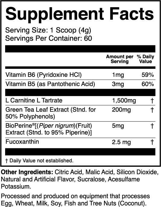 L-Carnitine w/ Fucoxanthin Berry Lemonade nutrition facts panel
