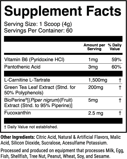 L-Carnitine w/ Fucoxanthin Cherry Slush nutrition facts panel
