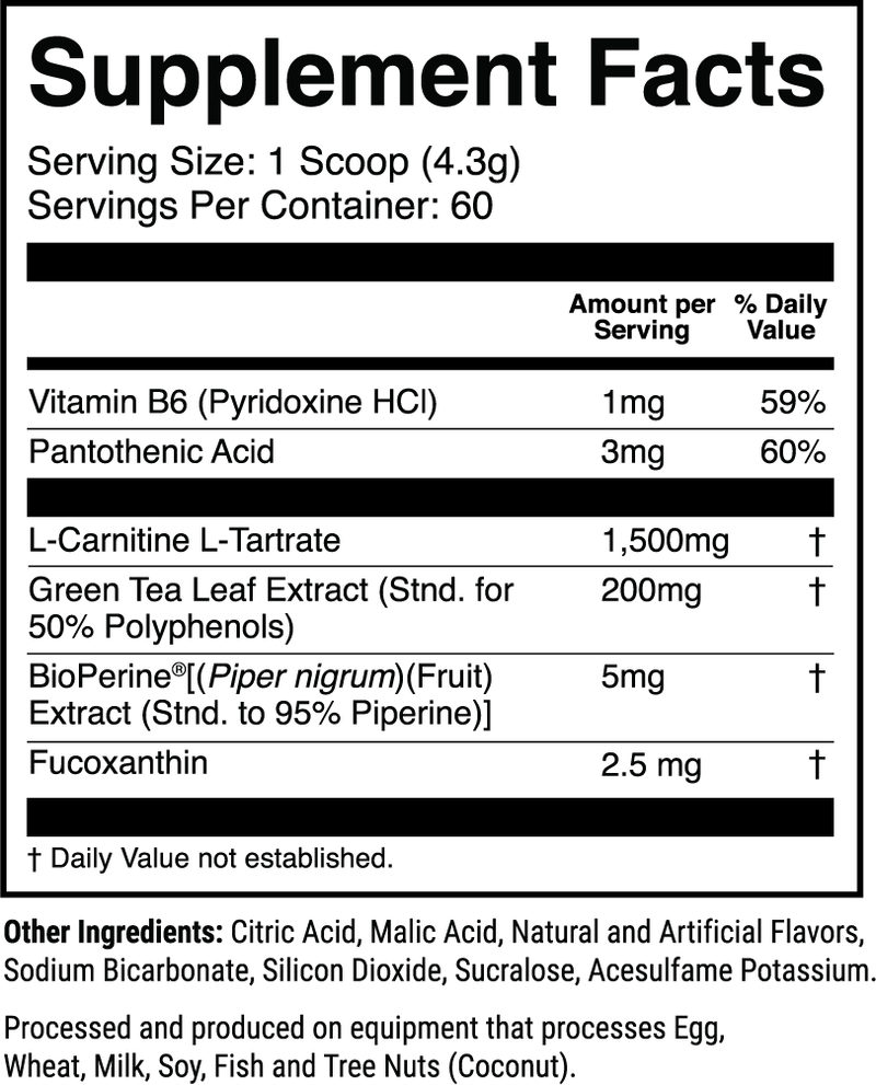 L-Carnitine w/ Fucoxanthin Grape nutrition facts panel