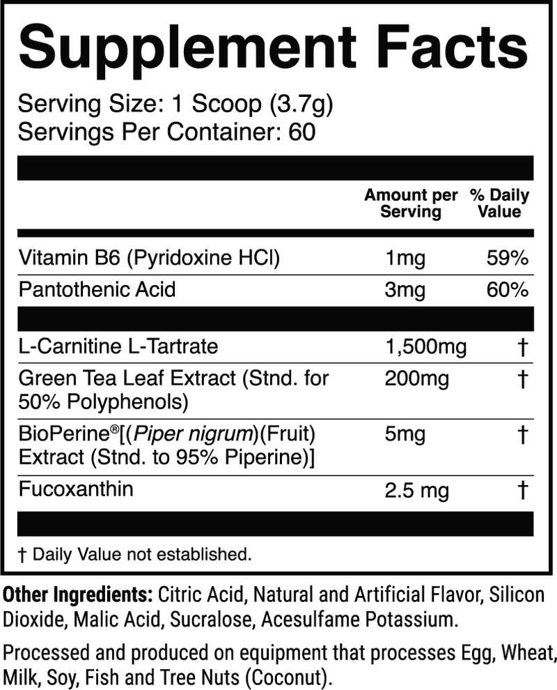 L-Carnitine w/ Fucoxanthin Orange Sunrise nutrition facts panel