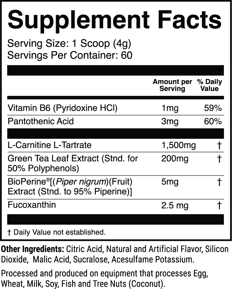 L-Carnitine w/ Fucoxanthin Strawberry Mango nutrition facts panel