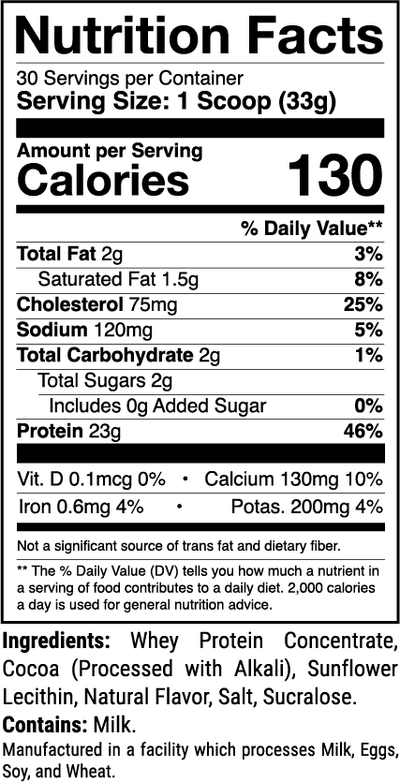 Level1 Protein Powder Milk Chocolate nutrition facts panel (1 of 2)
