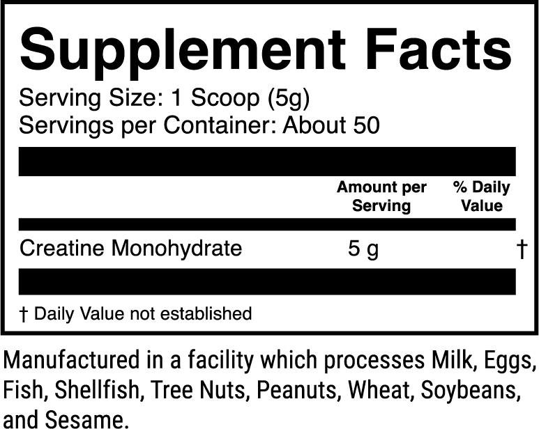 Micronized Creatine Monohydrate 50 servings nutrition facts panel