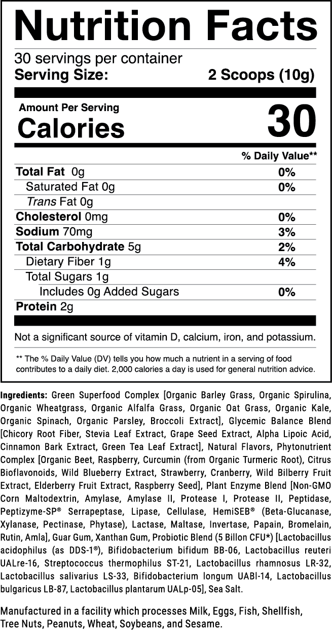 Opti-Greens 50 30 Serving Bag / Natural Berry nutrition facts panel