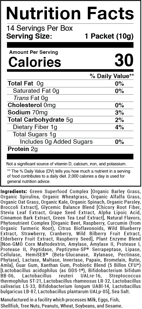 Opti-Greens 50 28 Travel Sticks / Natural Berry nutrition facts panel