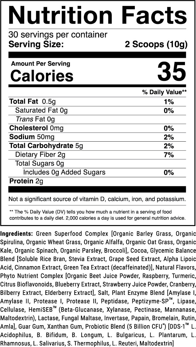 Opti-Greens 50 30 Serving Bag / Chocolate nutrition facts panel