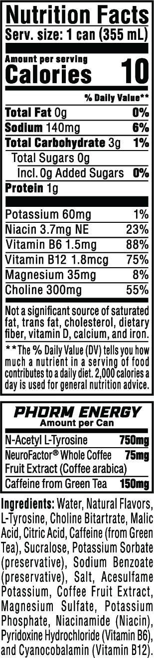Phorm Energy - 12 oz 4-Pack Screamin' Freedom nutrition facts panel