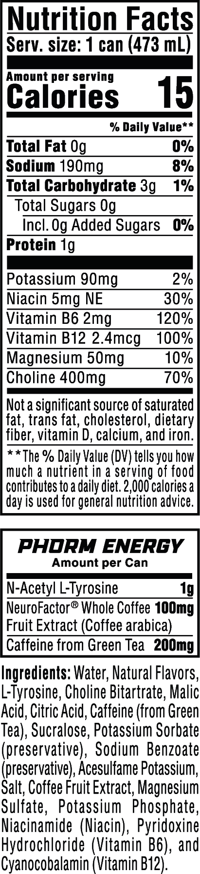 Phorm Energy - 16 oz 12-Pack Blue Blitz nutrition facts panel