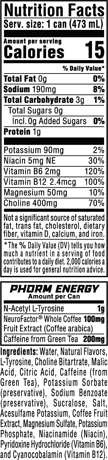 Phorm Energy - 16 oz 12-Pack Cherry Slush - Folds of Honor nutrition facts panel