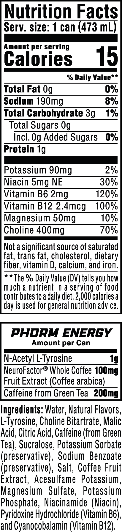 Phorm Energy - 16 oz 12-Pack Grape Smash nutrition facts panel