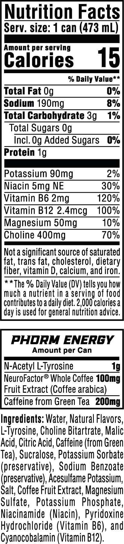 Phorm Energy - 16 oz 12-Pack Orange Fury nutrition facts panel