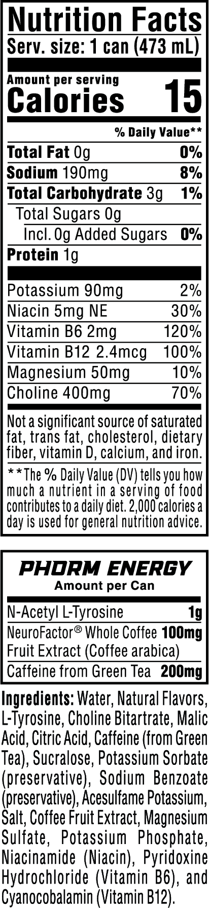 Phorm Energy - 16 oz 12-Pack Screamin' Freedom nutrition facts panel