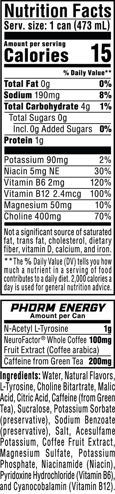 Phorm Energy - 16 oz 12-Pack Silver Lightning nutrition facts panel