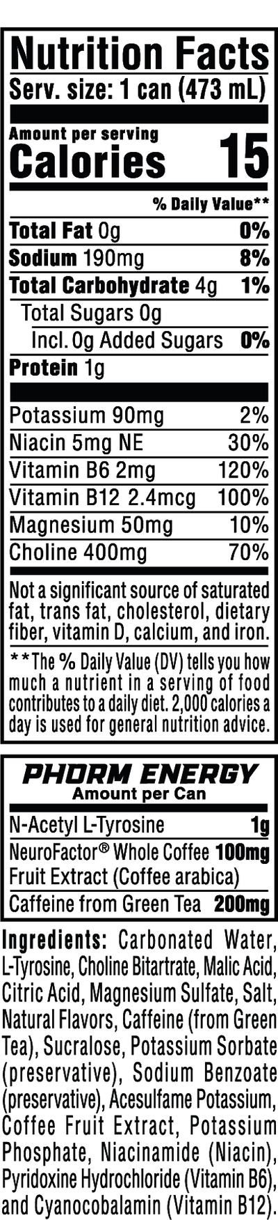 Phorm Energy - 16 oz 12-Pack Watermelon Wrath nutrition facts panel