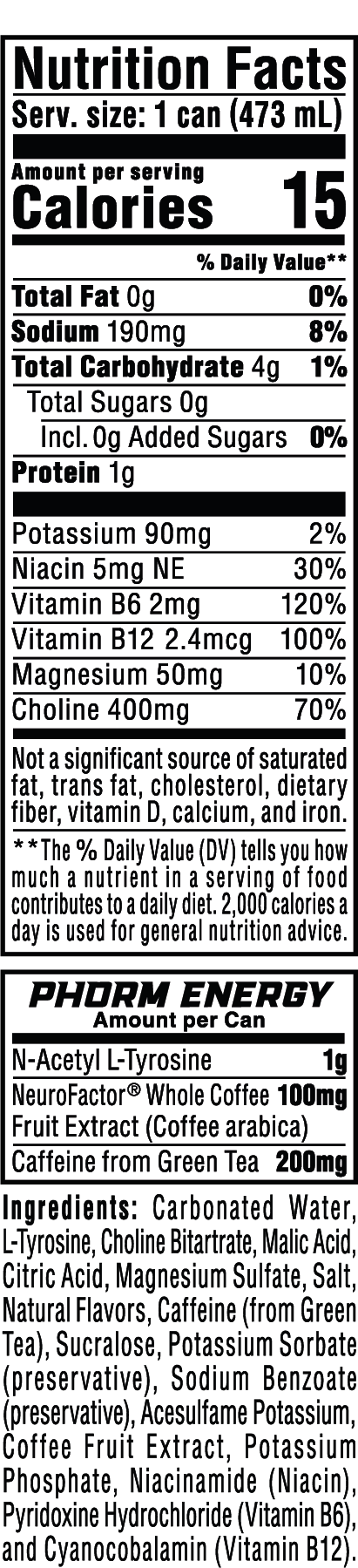 Phorm Energy - 16 oz 12-Pack Watermelon Wrath nutrition facts panel
