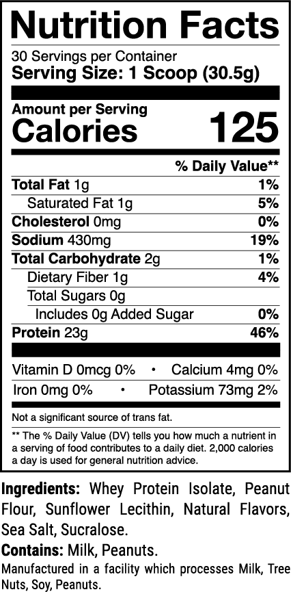 Phormula-1 Salted Peanut Butter nutrition facts panel (1 of 2)