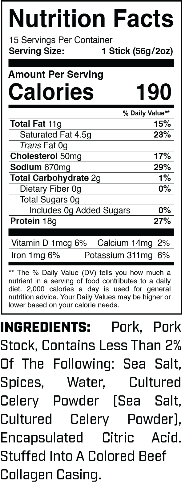 Protein Sticks (15ct) Breakfast Sausage nutrition facts panel