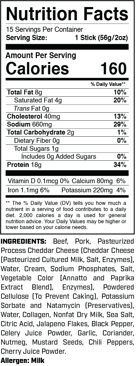 Protein Sticks (15ct) Jalapeno Cheddar nutrition facts panel