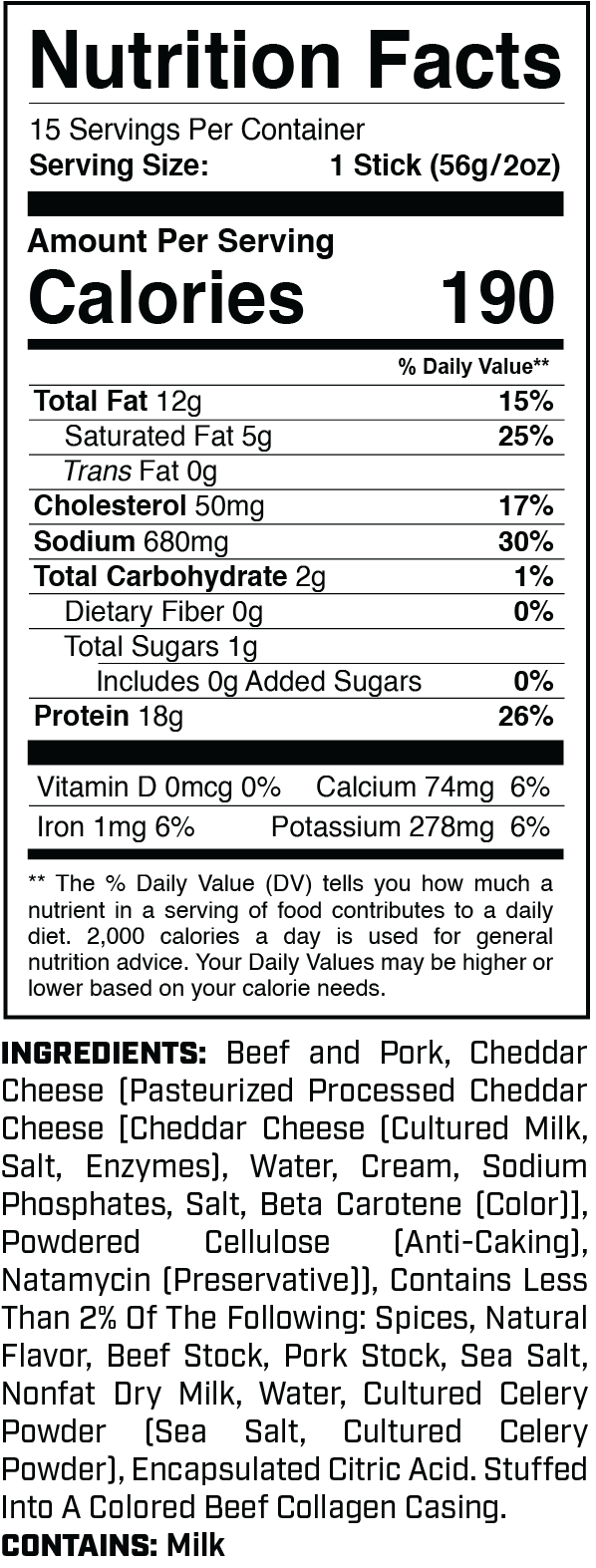 Protein Sticks (15ct) Sharp Cheddar nutrition facts panel