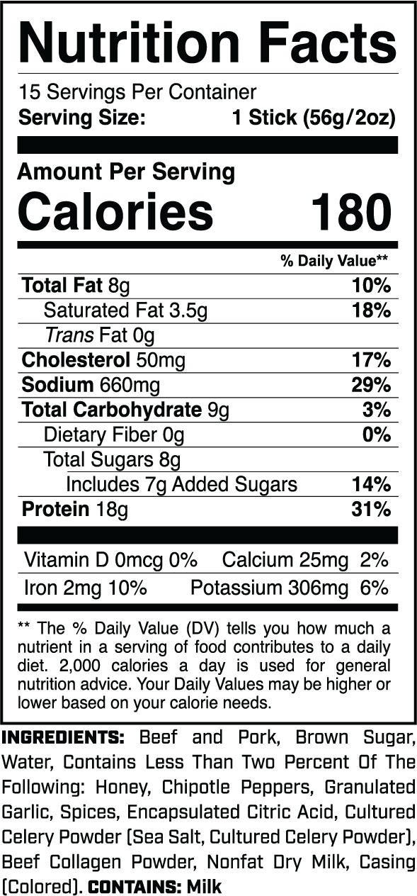 Protein Sticks (15ct) Honey Chipotle nutrition facts panel