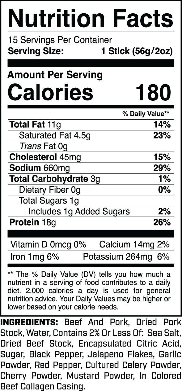 Protein Sticks (15ct) Jalapeno Heat nutrition facts panel