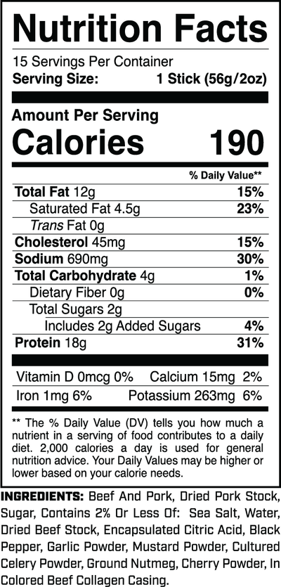 Protein Sticks (15ct) Original Smokehouse nutrition facts panel