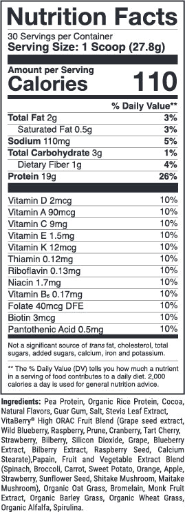 Vegan Power Pro Chocolate Frost nutrition facts panel